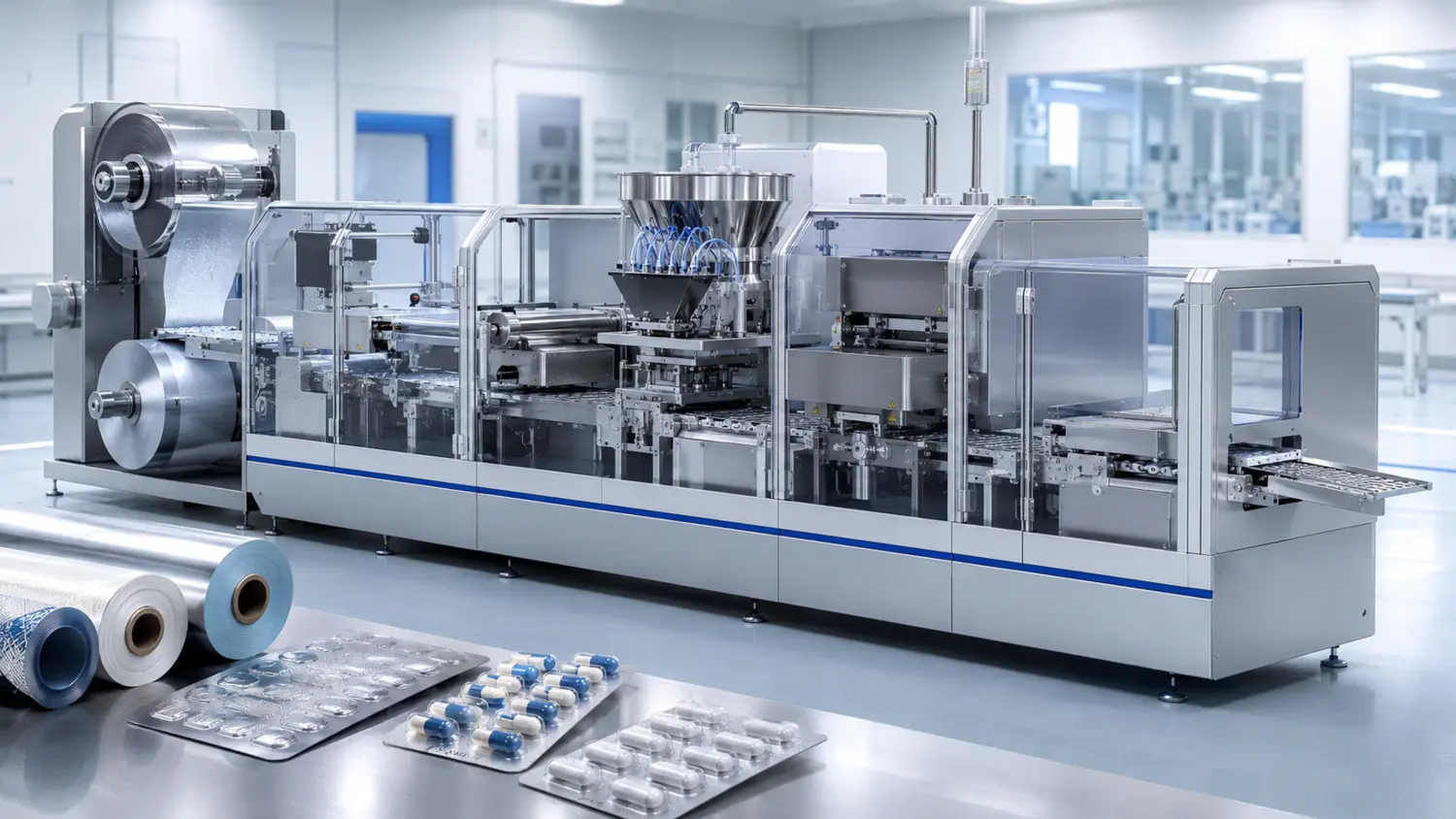 Blister- und Tiefziehverpackungsmaschine mit aufeinanderfolgenden Funktionsstationen
